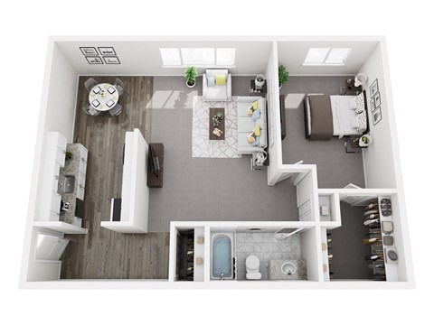 A top-down view of a modern, minimalist bathroom with a toilet, sink, and shower.